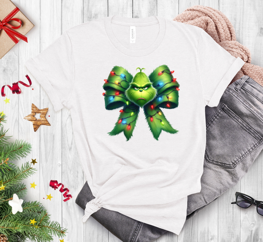 Green Grump Holiday Bow and Christmas Lights T-Shirt